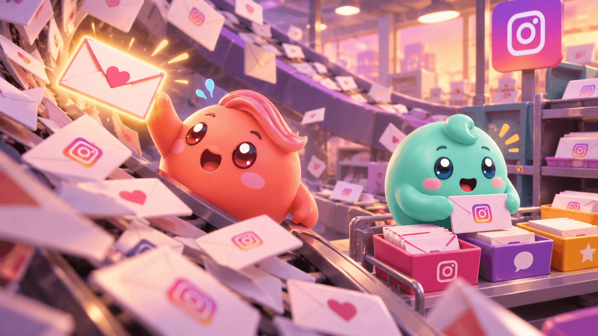 Two Mochi mascots sorting Instagram direct messages in a busy mailroom while rescuing an important conversation from a pile of newer messages.