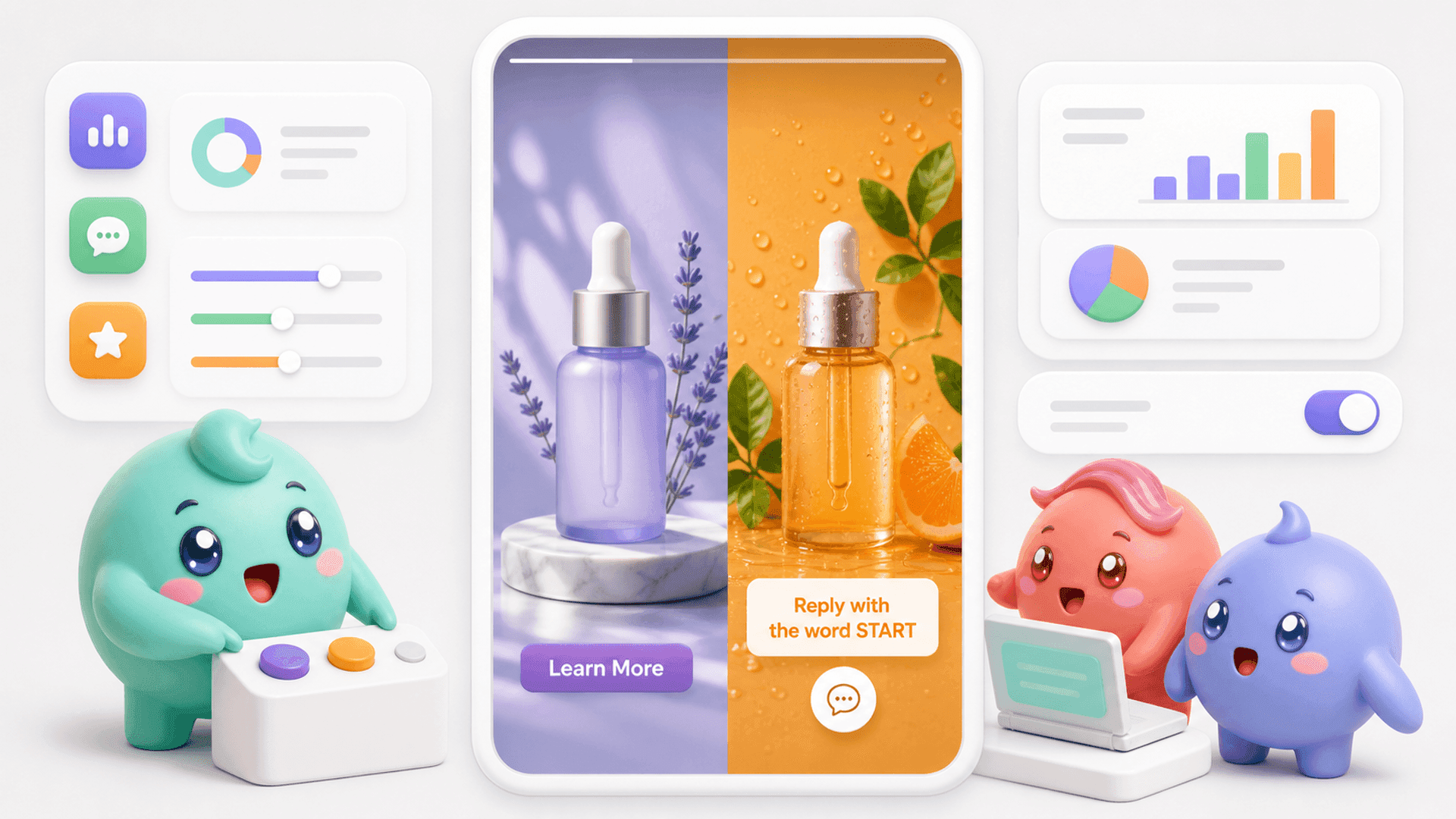 A vertical 9:16 mockup of a smartphone showing a split-screen Instagram Story ad: on the left, a visually stunning but static product shot with a generic 'Learn More' button; on the right, the same brand using a 'Reply with the word START' prompt with a small chat bubble icon. The contrast should be obvious.