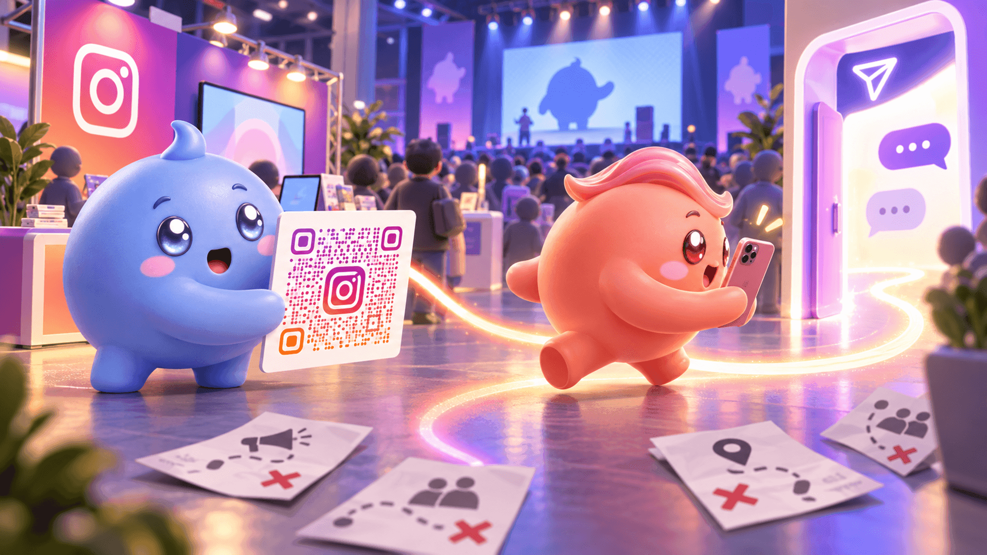 Two Mochi mascots use an Instagram QR code at a busy conference, creating a bright path from offline attention to a DM conversation.