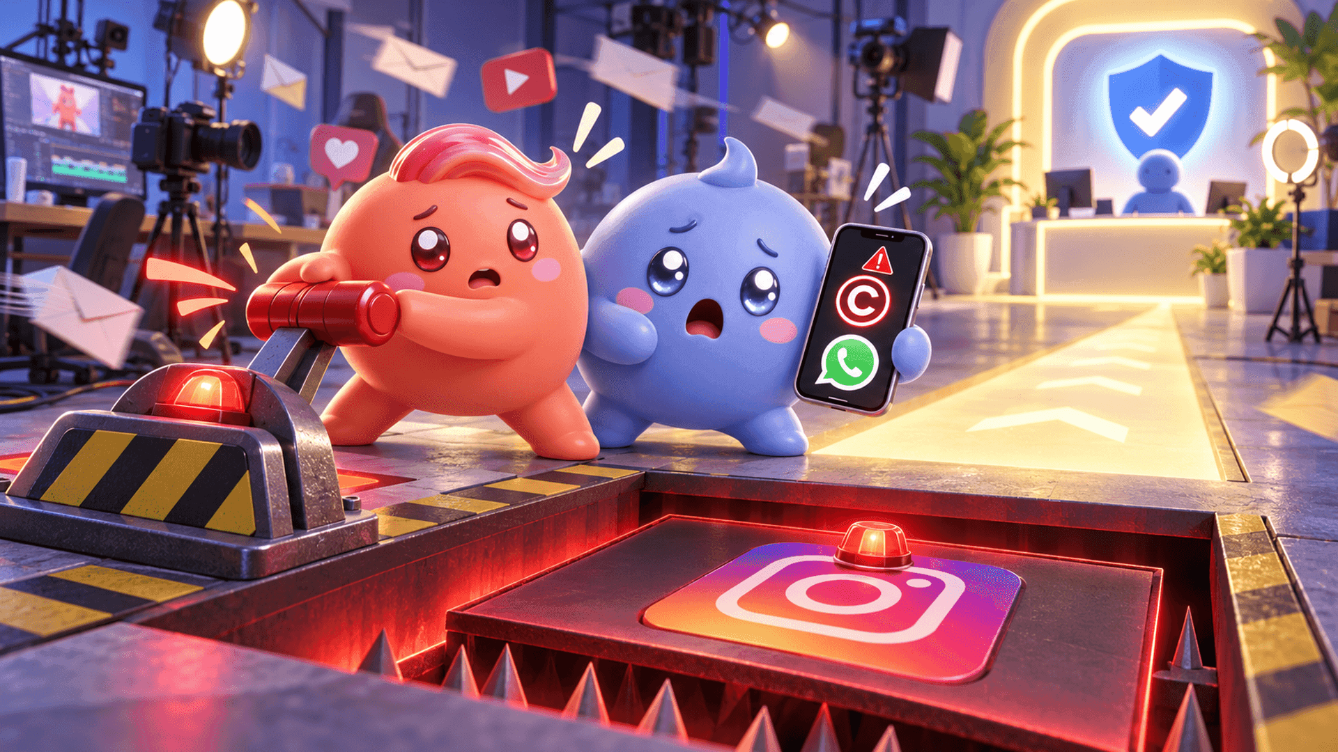 Two Mochi mascots stop before a trapdoor disguised as an urgent Instagram copyright appeal, then turn toward an official verification desk.