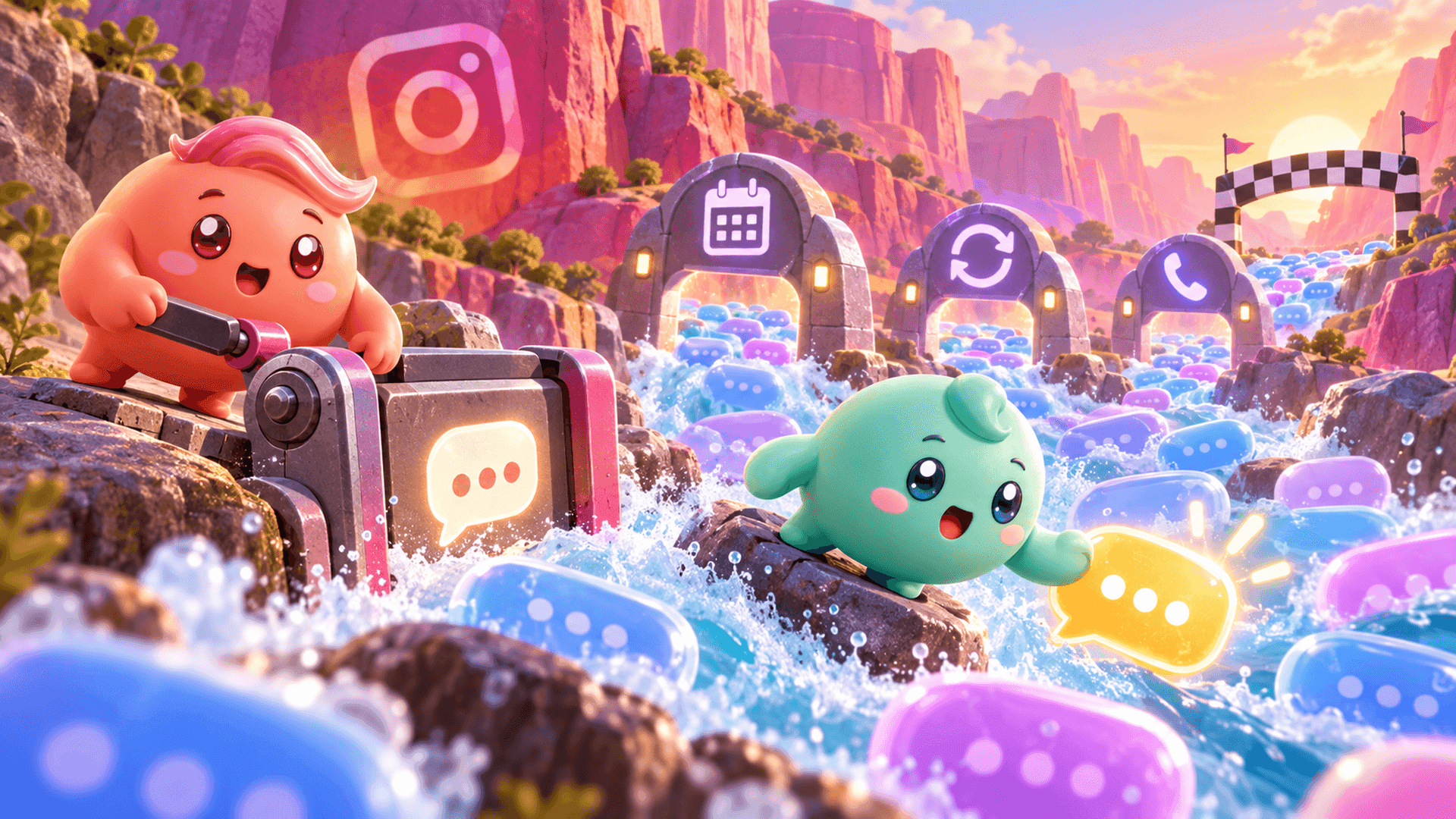 Two Mochi mascots guide Instagram message bubbles through automation, follow-up and booked-call checkpoints in a fast-moving canyon.