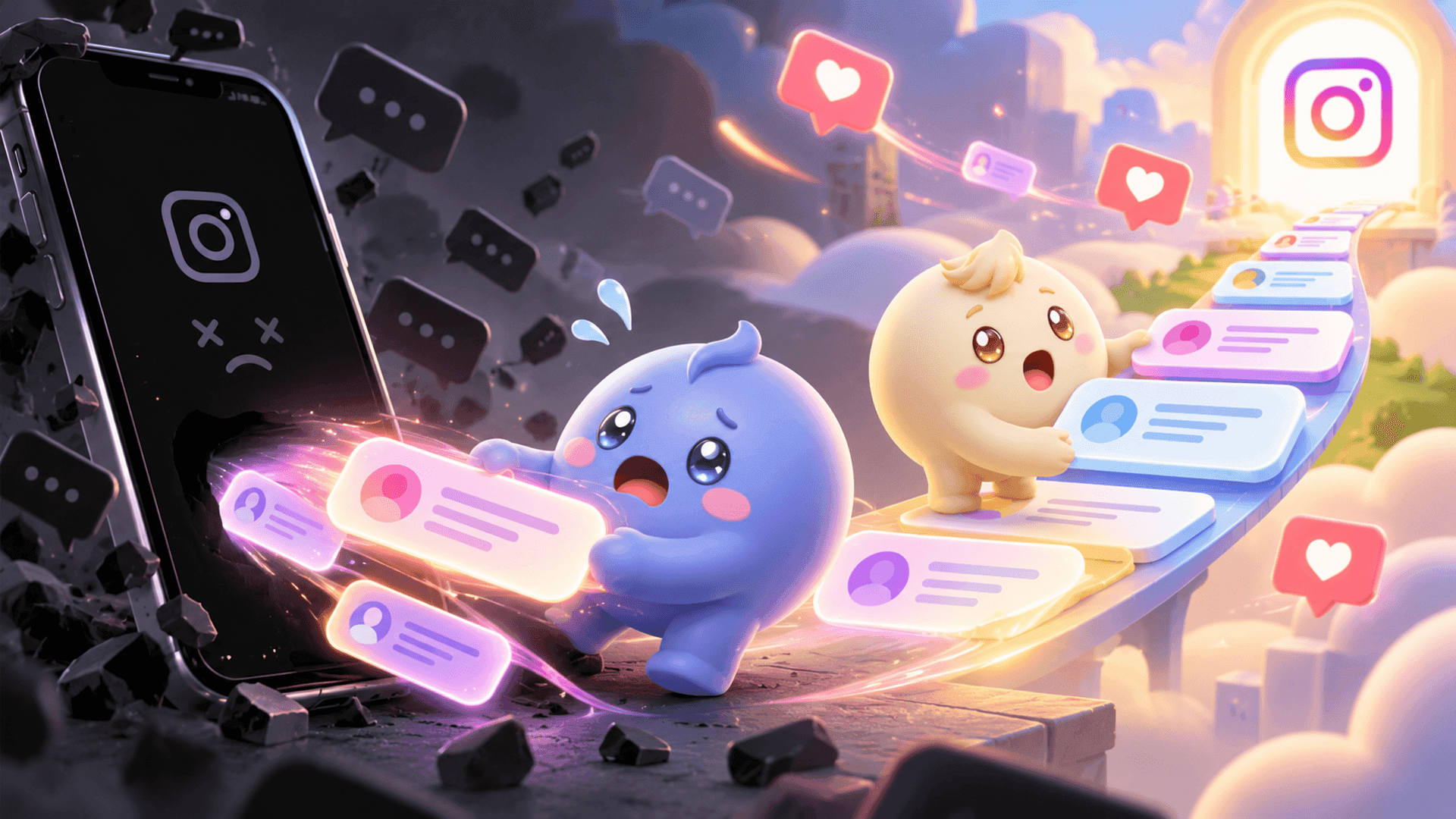 Two Mochi mascots rescue a glowing Instagram conversation from a phone with a black screen and move it onto an organized message pathway.