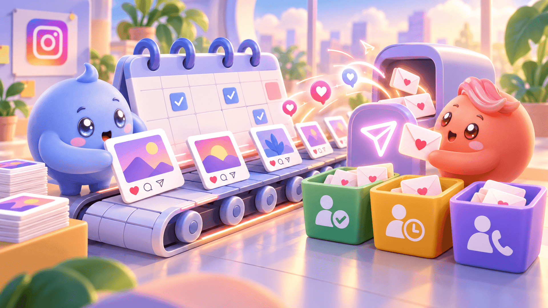 Two Mochi mascots schedule Instagram post cards on a calendar conveyor and sort the resulting DM leads into follow-up and booked-call baskets.