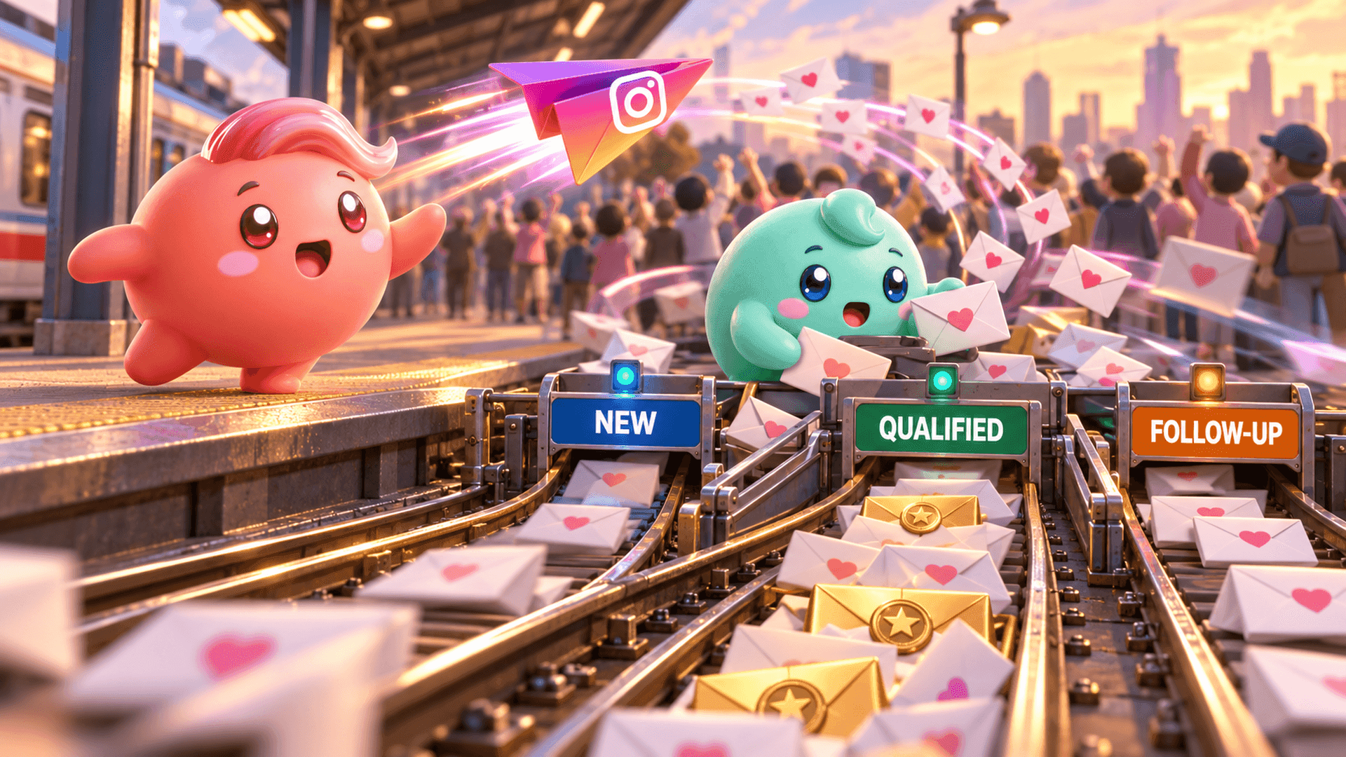 Two Mochi mascots launch an Instagram sponsored post and sort the resulting DM conversations into organized lead stages.