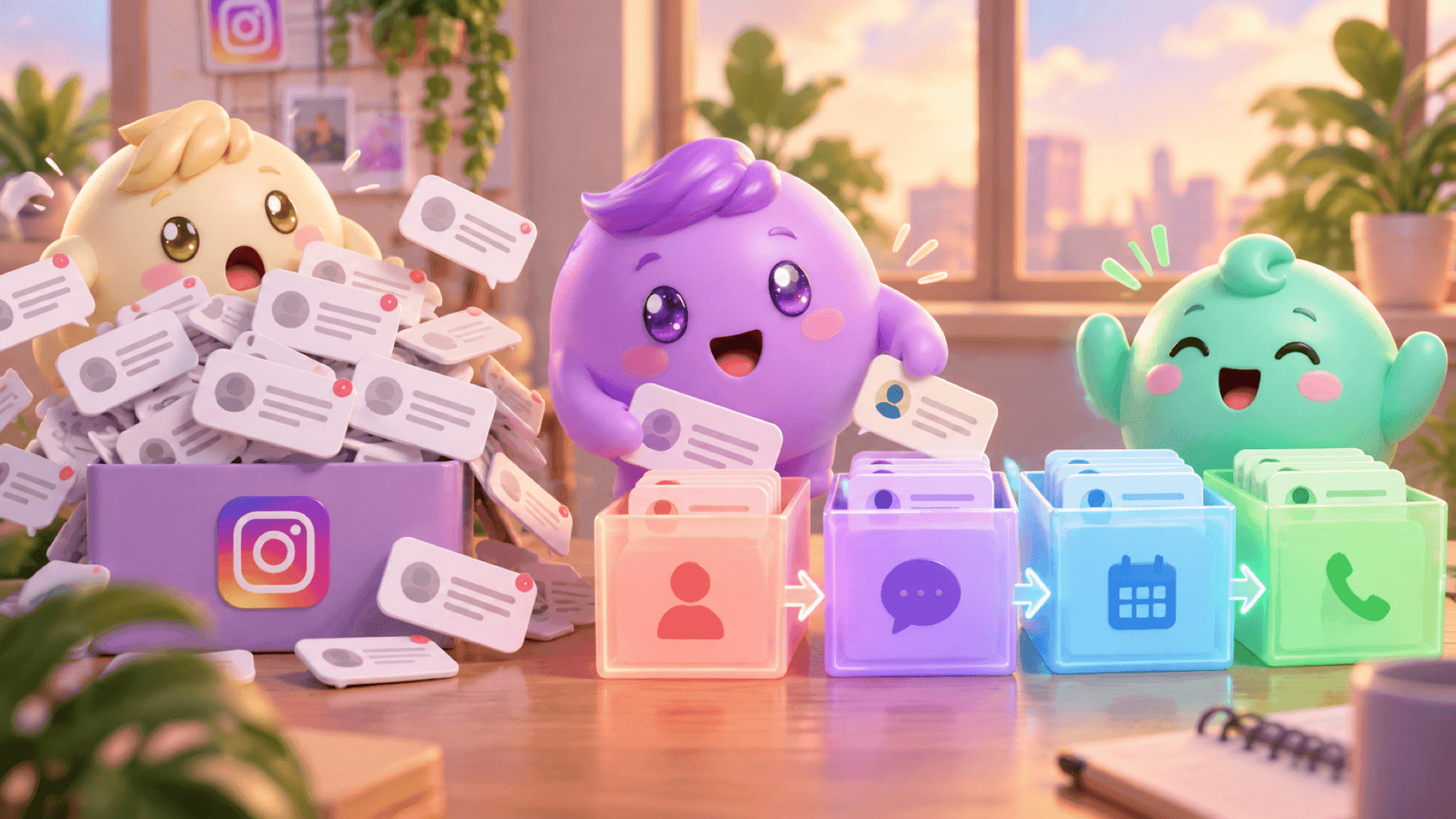 Mochi mascots sort an overflowing pile of Instagram conversations into organized stages in a warm workspace.